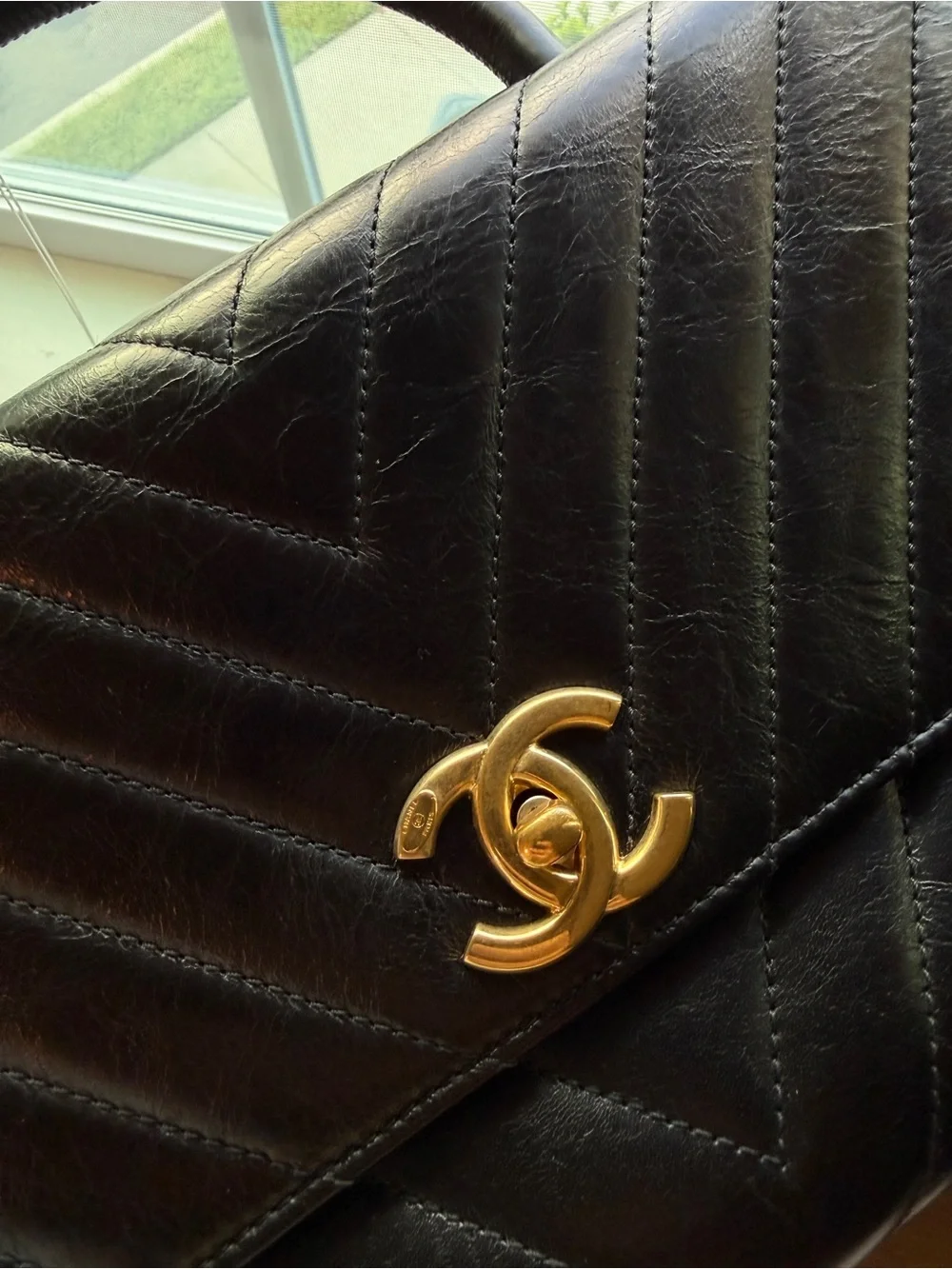 CHANEL Coco Handle Black Chevron Quilted Top-Handle Satchel with Gold Hardware